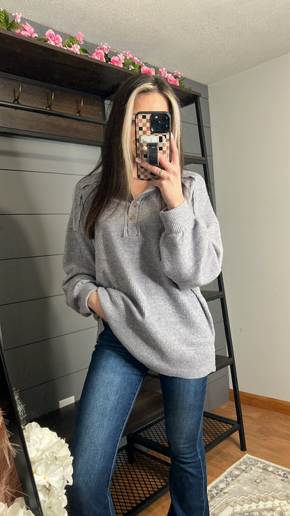 Ribbed Henley Top, Light Grey