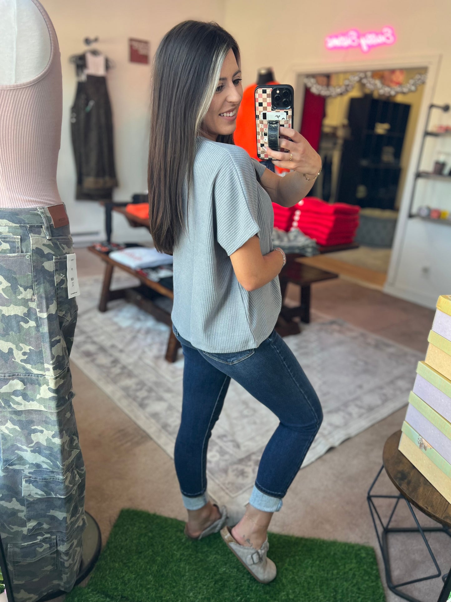Ribbed Round Neck Tee, Grey