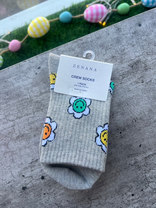 Groovy Flower Crew Socks, Grey