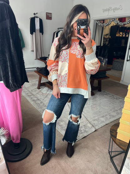 Flower Patchwork Color Block Top