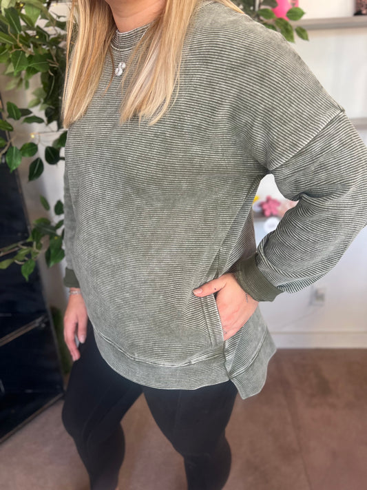 Acid Wash Ribbed Pullover, Dk Olive