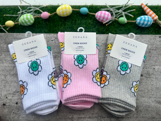 Groovy Flower Crew Socks, Pink