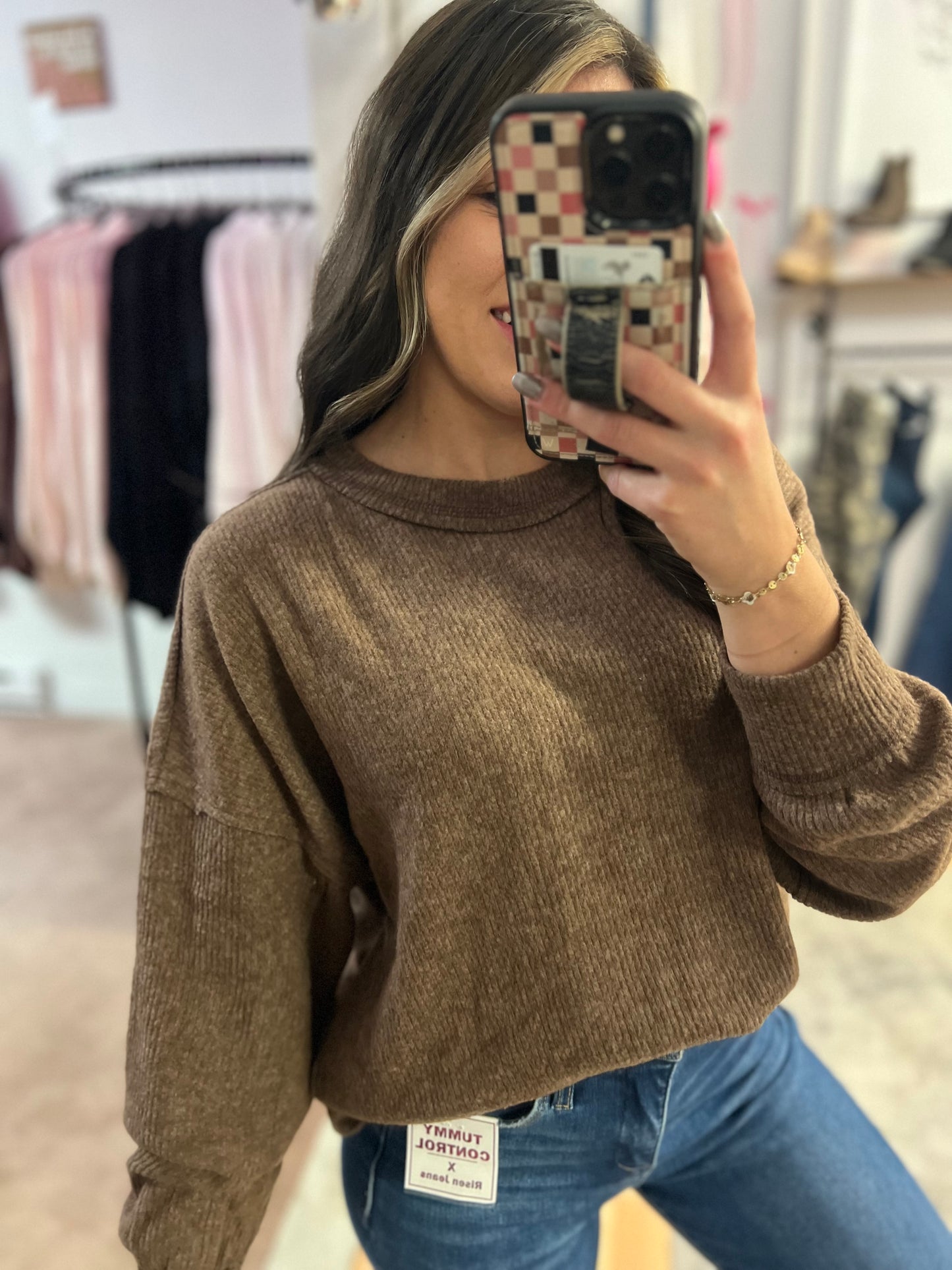 *DOORBUSTER* Ribbed Hacci Drop Shoulder Sweater, Brown