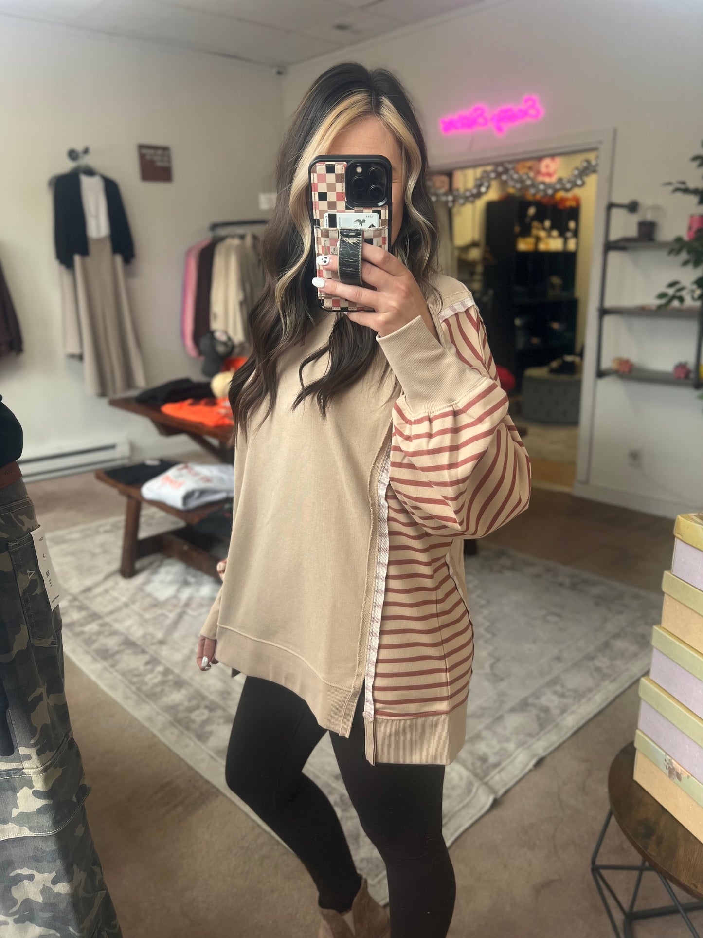 Oversized Striped Top, Beige
