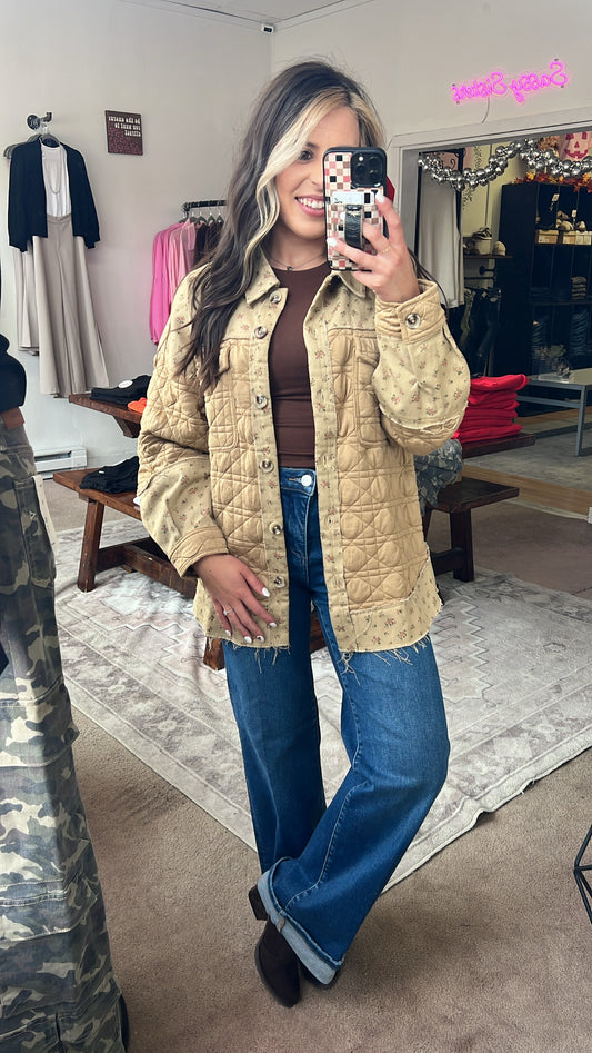 Floral Print Quilted Jacket, Khaki