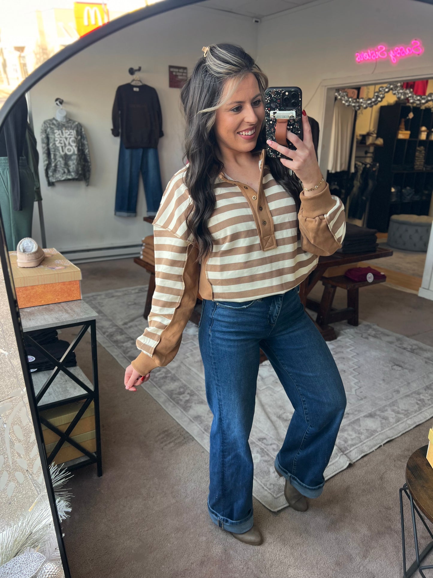 Oversized Striped Pullover, Taupe/Cream