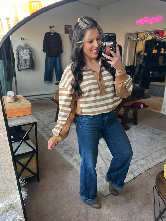 Oversized Striped Pullover, Taupe/Cream