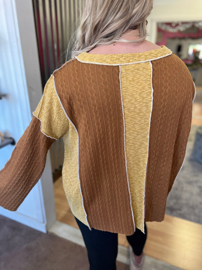 Mustard/Chocolate V Neck Top