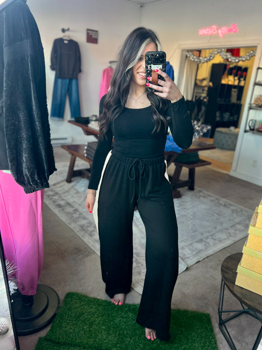Ribbed Casual Pants, Black