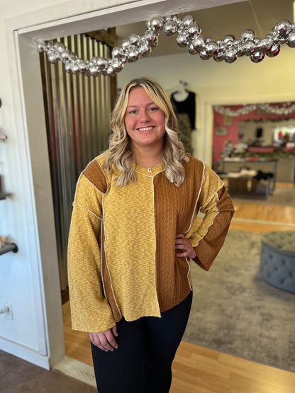 Mustard/Chocolate V Neck Top