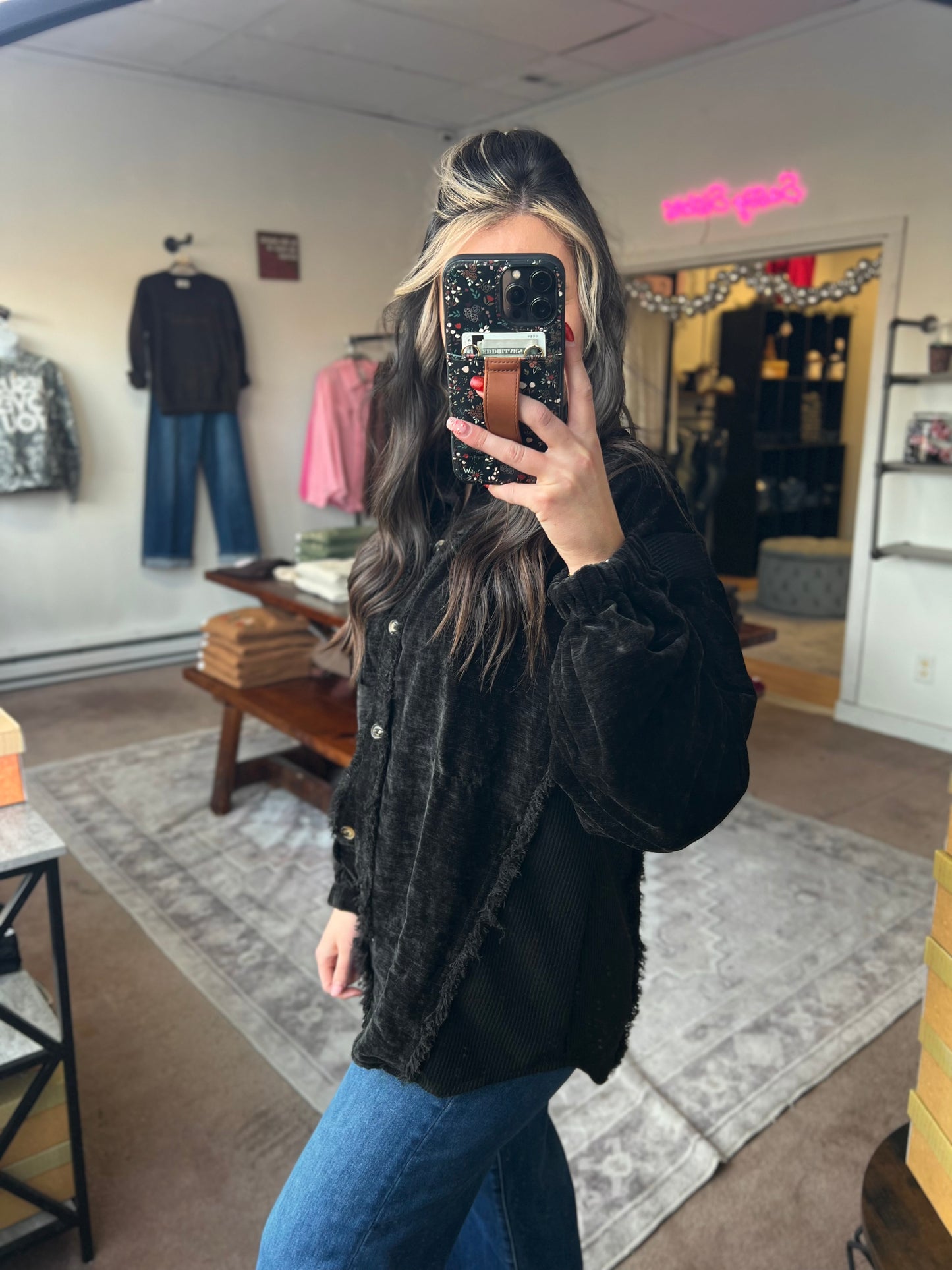 Distressed Cozy Button Down, Black