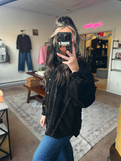 Distressed Cozy Button Down, Black
