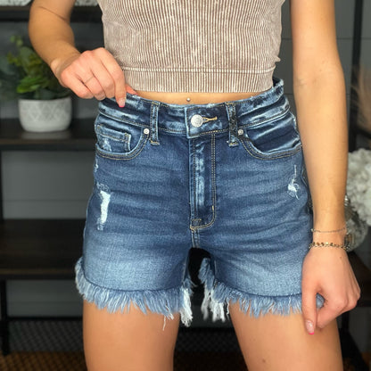 Classic Frayed Hem Shorts, Dark Wash