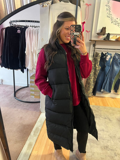Long Puffer Vest Jacket, Black
