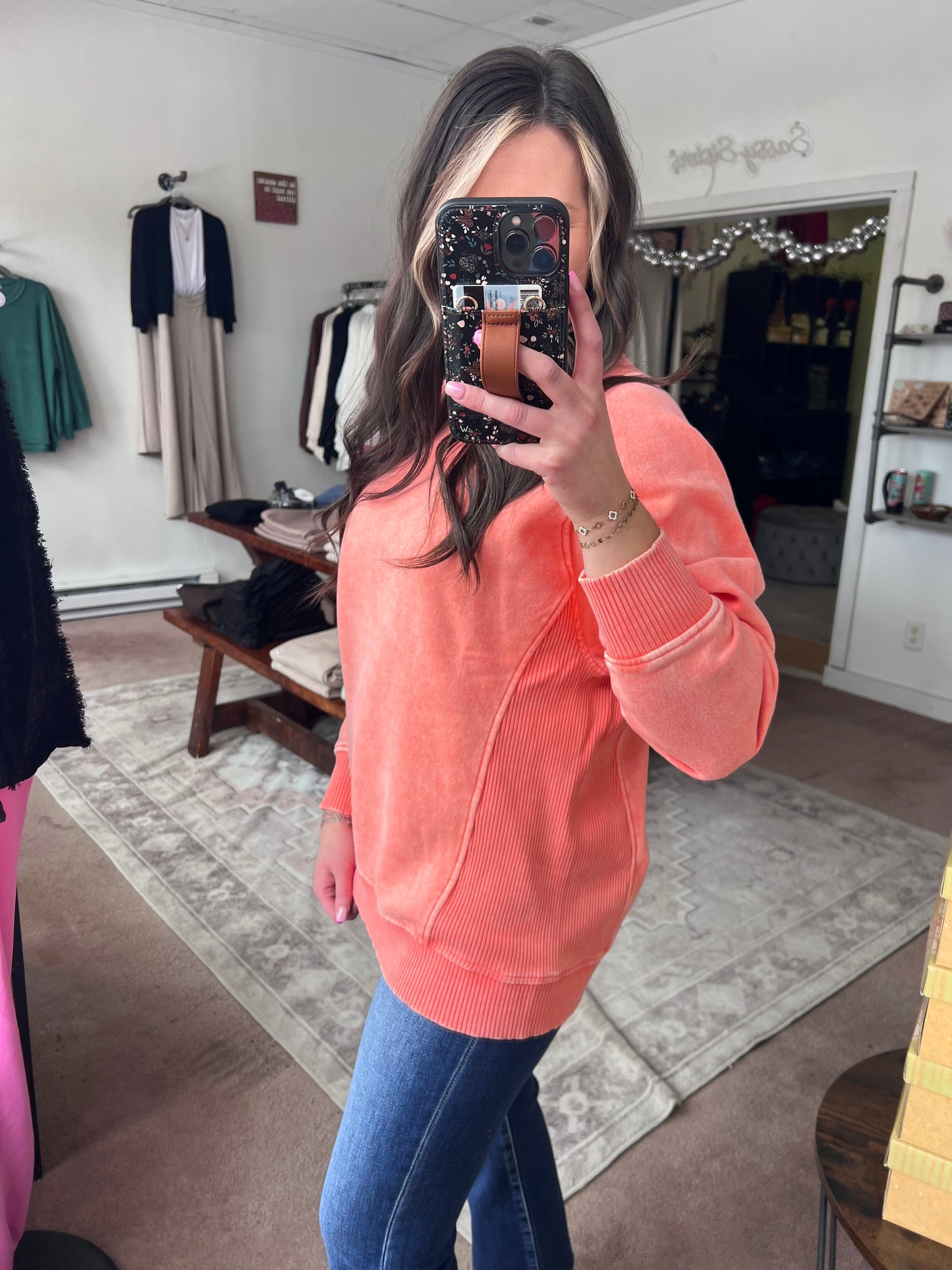 Acid Washed Fleece Sweatshirt, Coral
