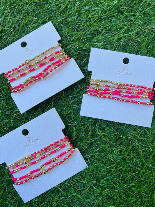 Gold Ball Chain Beaded Bracelet Set, Pink