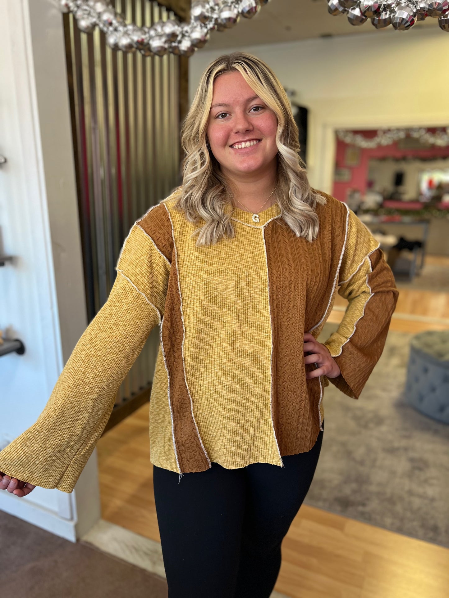 Mustard/Chocolate V Neck Top