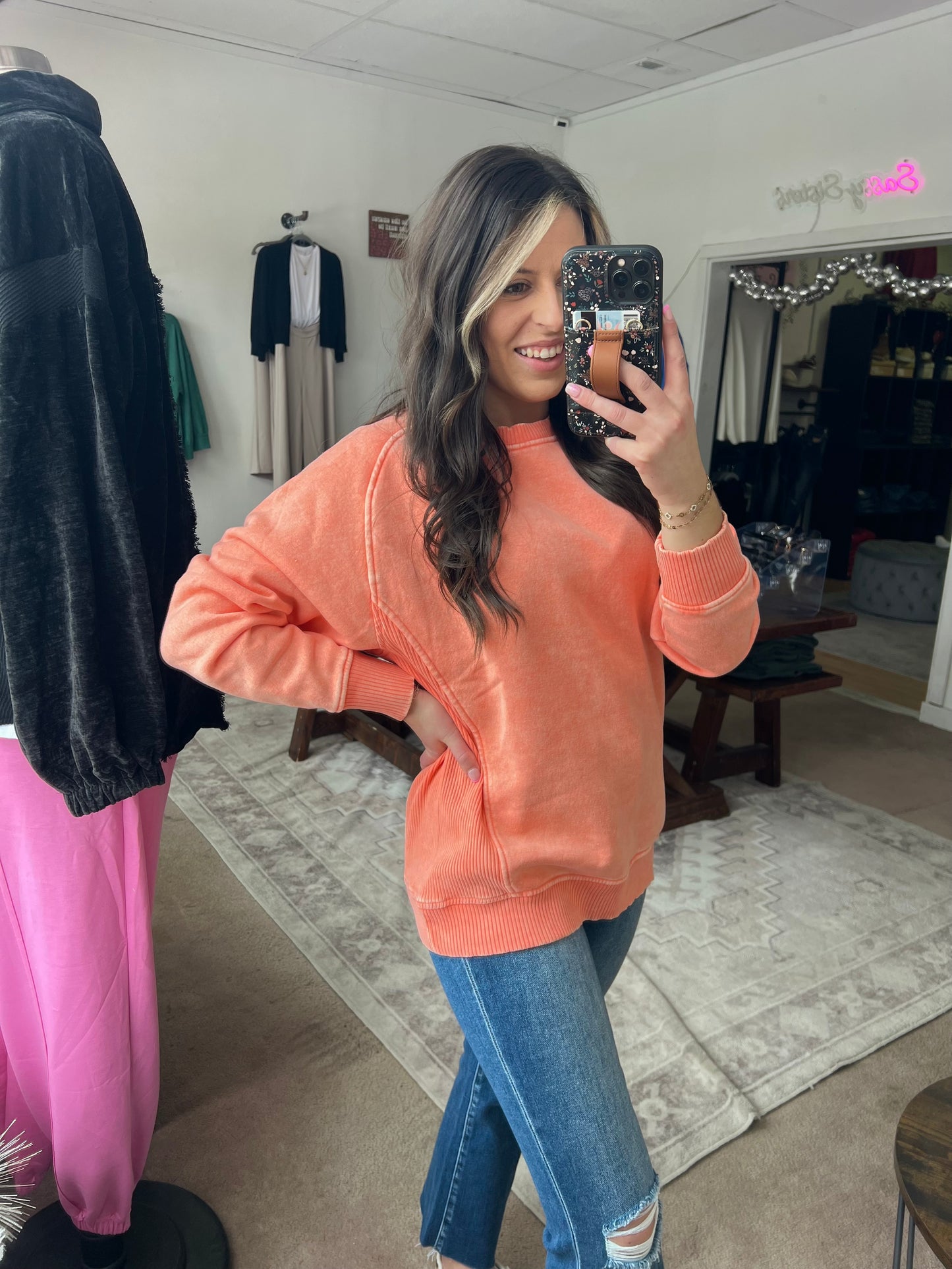 Acid Washed Fleece Sweatshirt, Coral