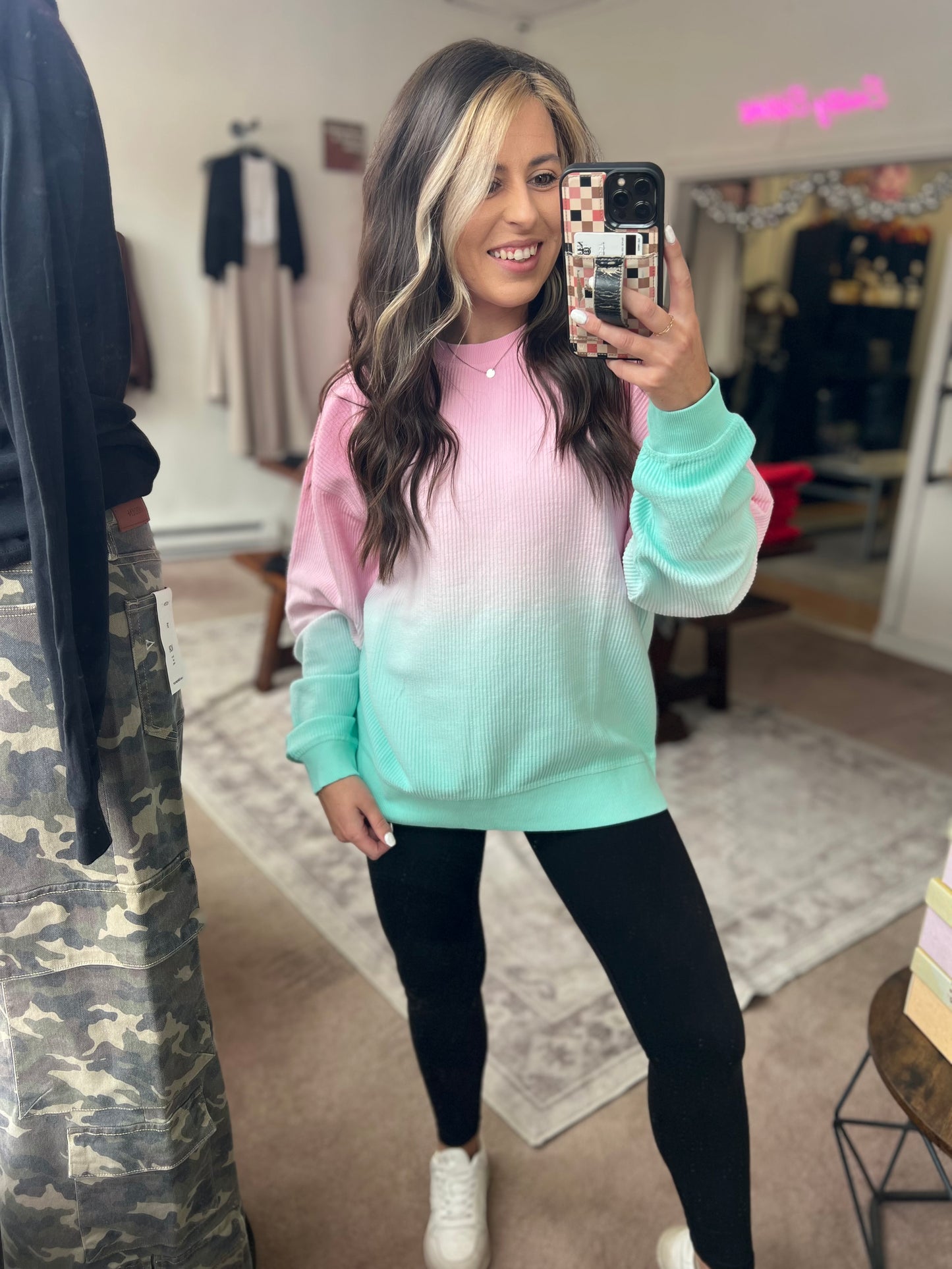 Luxe Corded Crew, Pink/Mint Ombré