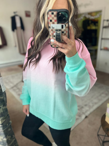 Luxe Corded Crew, Pink/Mint Ombré