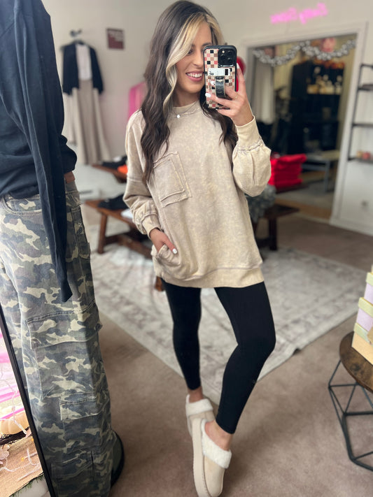 Acid Wash Pullover w/Pocket, Ash Mocha