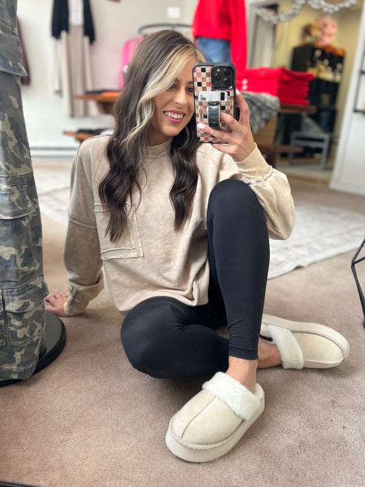 Acid Wash Pullover w/Pocket, Ash Mocha