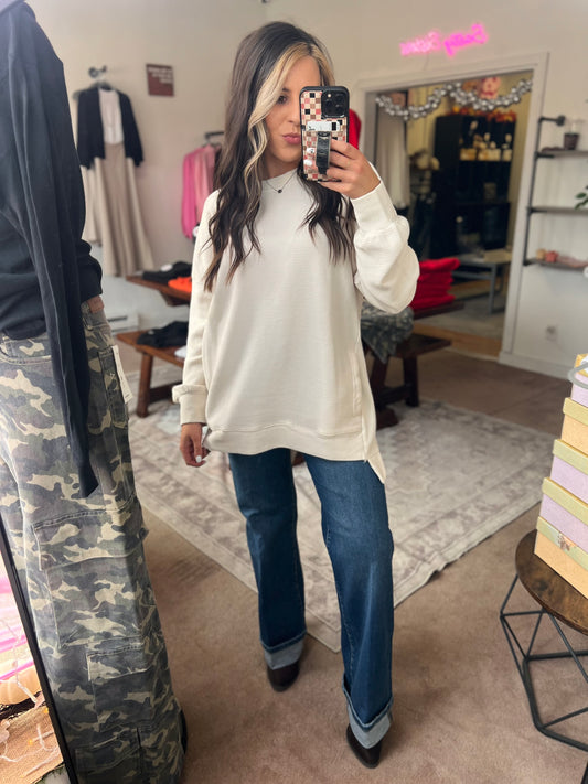 Acid Wash Ribbed Pullover, Beige
