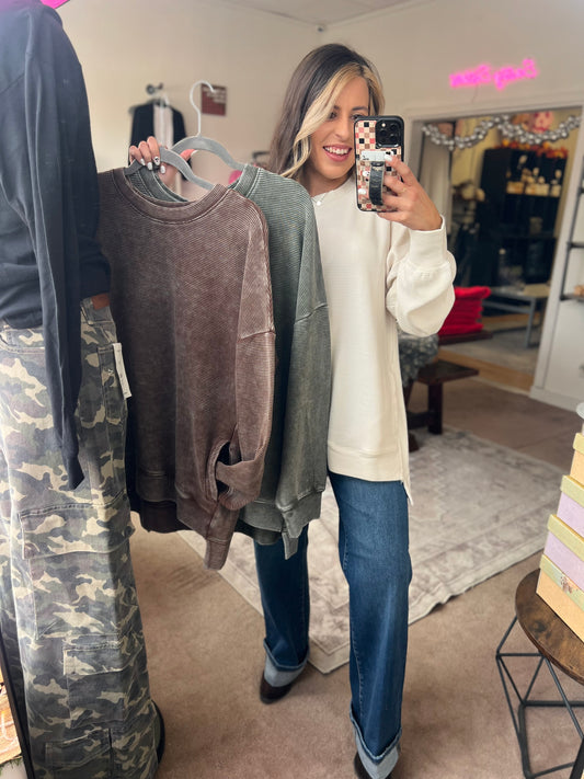 Acid Wash Ribbed Pullover, Brown