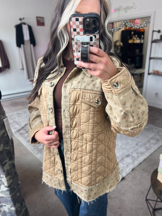 Floral Print Quilted Jacket, Khaki