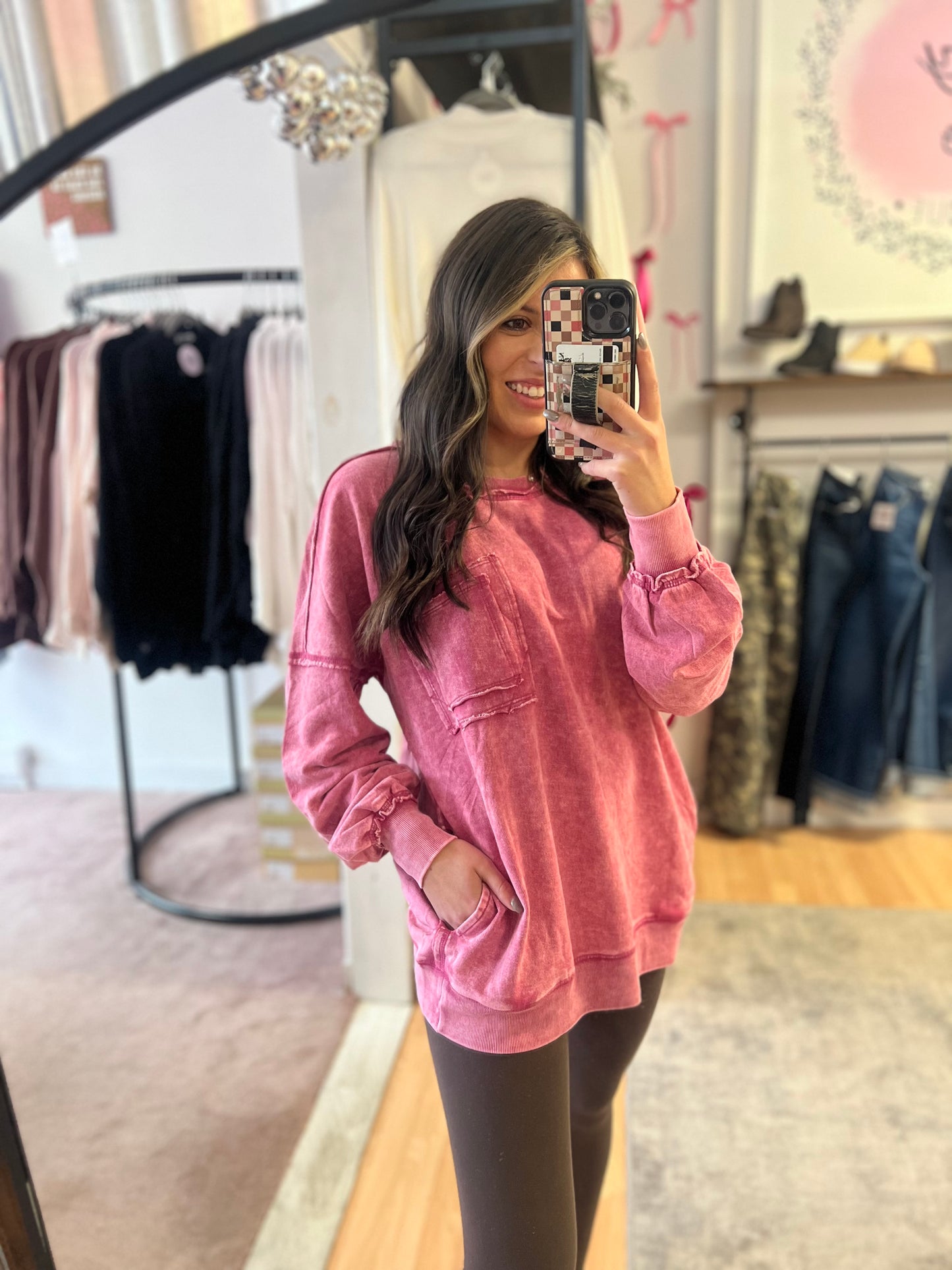 Acid Wash Pullover w/Pocket, Ash Pink