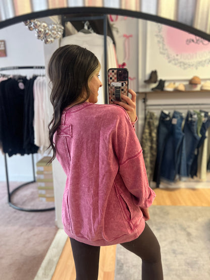Acid Wash Pullover w/Pocket, Ash Pink